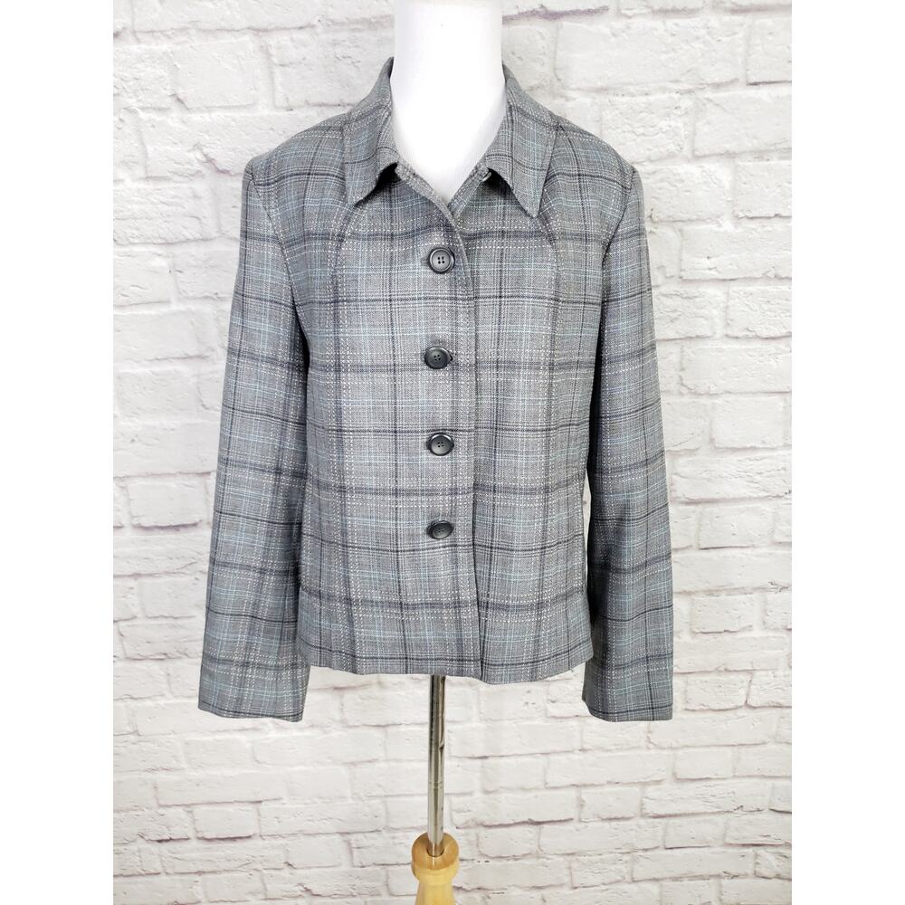 Pendleton Gray Blue Plaid 100% Virgin Wool Blazer Jacket Size 14